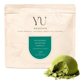 Yu Tea Organic Sencha powder in resealable pouch preserves freshness for easy brewing.