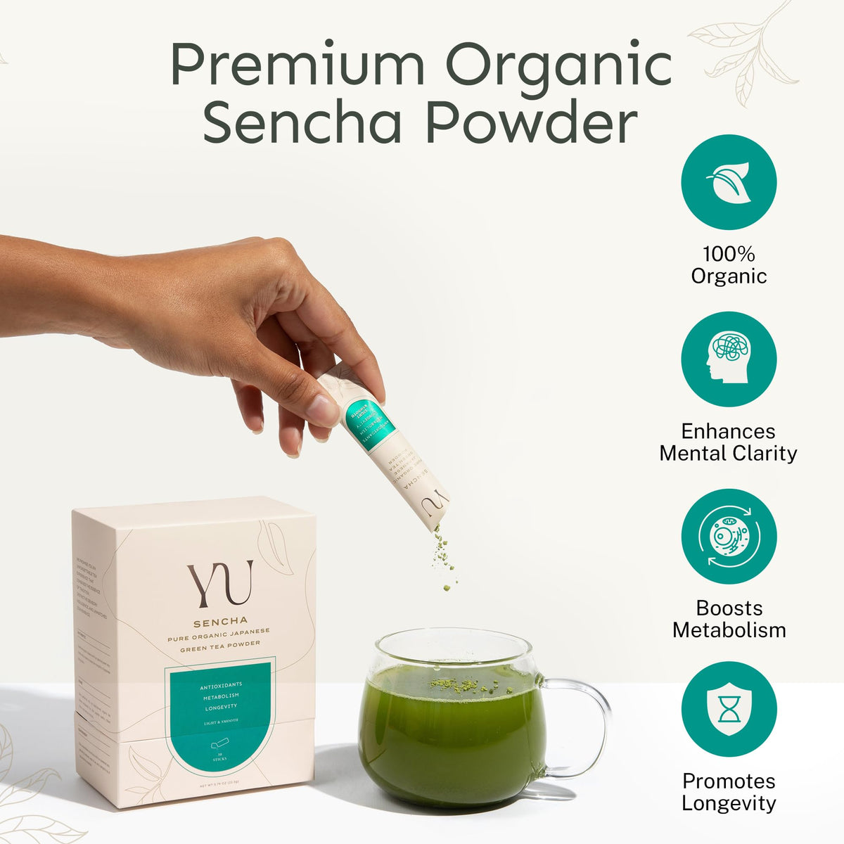 Yu Tea Sencha powder dissolving smoothly in a cup for quick hot tea.