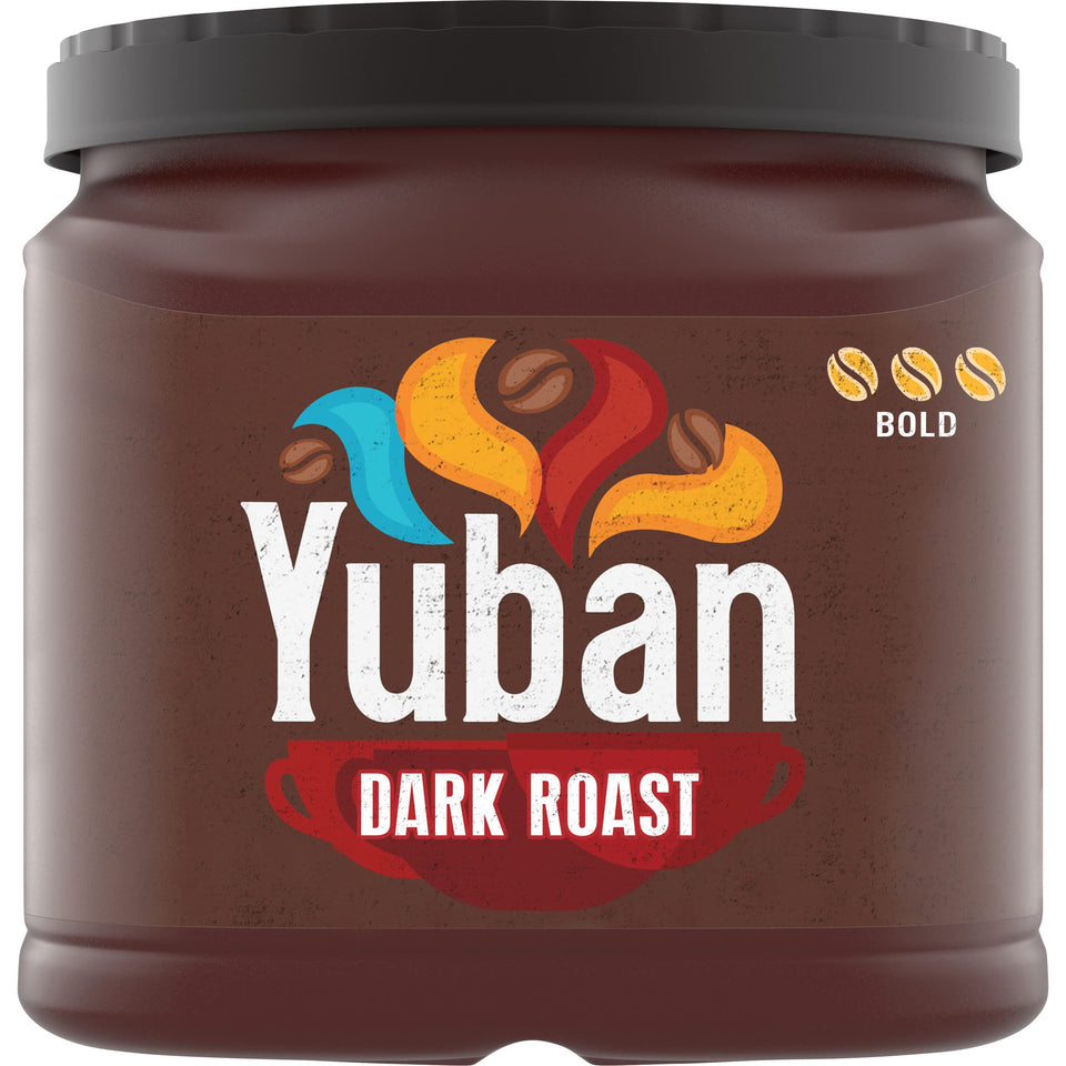 Yuban Dark Roast Ground Coffee canister locks in bold flavor for daily use.