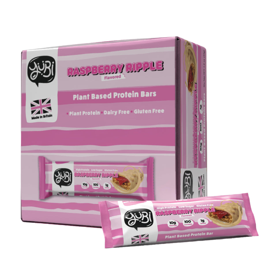 Yubi Bar Raspberry Ripple pack shot highlights a protein-rich twelve-pack with flavor appeal.