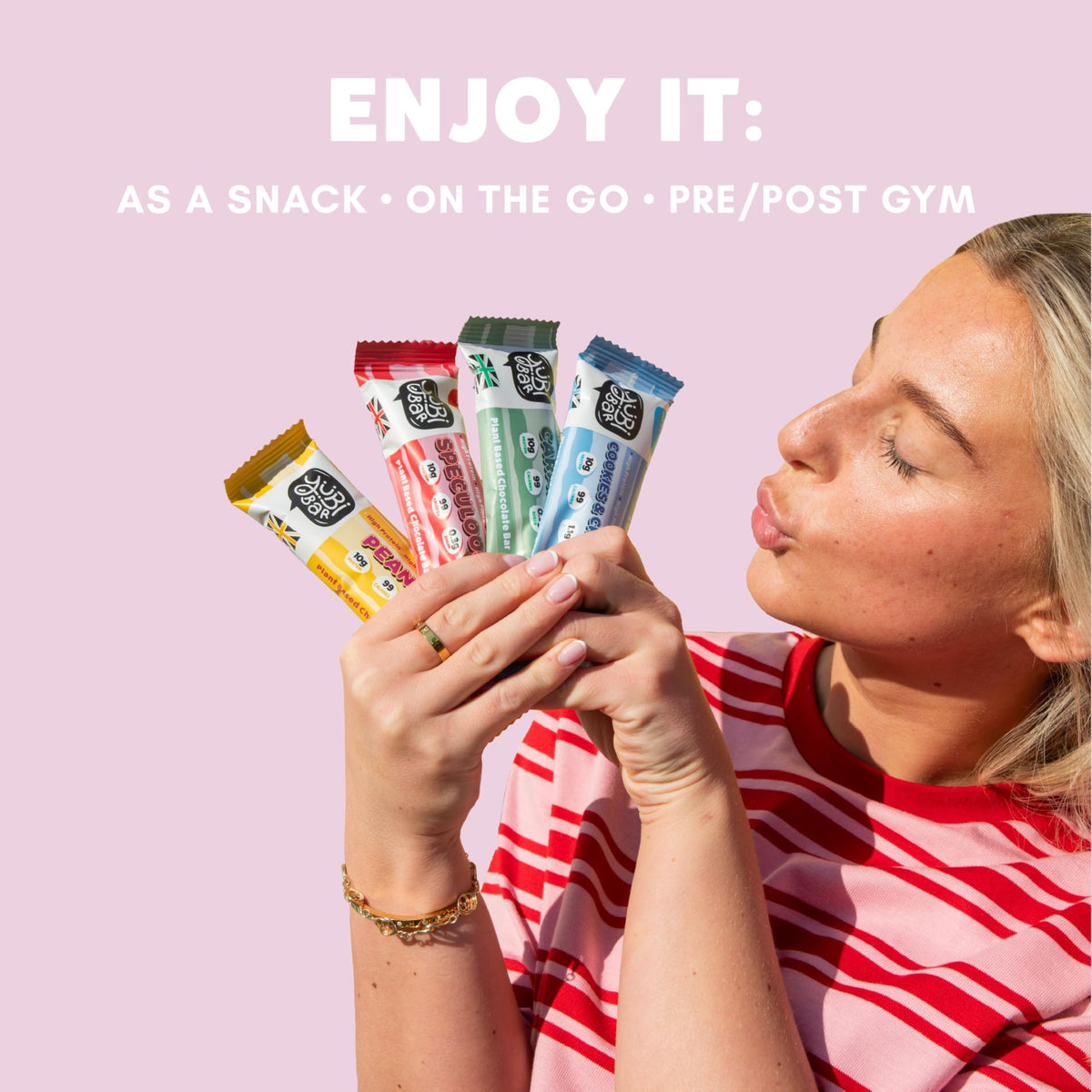 Yubi Bar Raspberry Ripple on display with vegan facility badge and plant-based credentials.