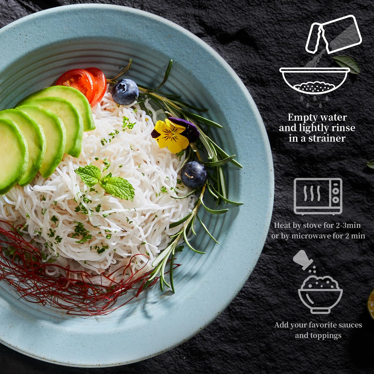 YUHO Konjac noodles prepared dish demonstrating sauce absorption