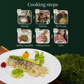YUHO konjac fettuccine cooking scene illustrating 2-3 minute stove heat.