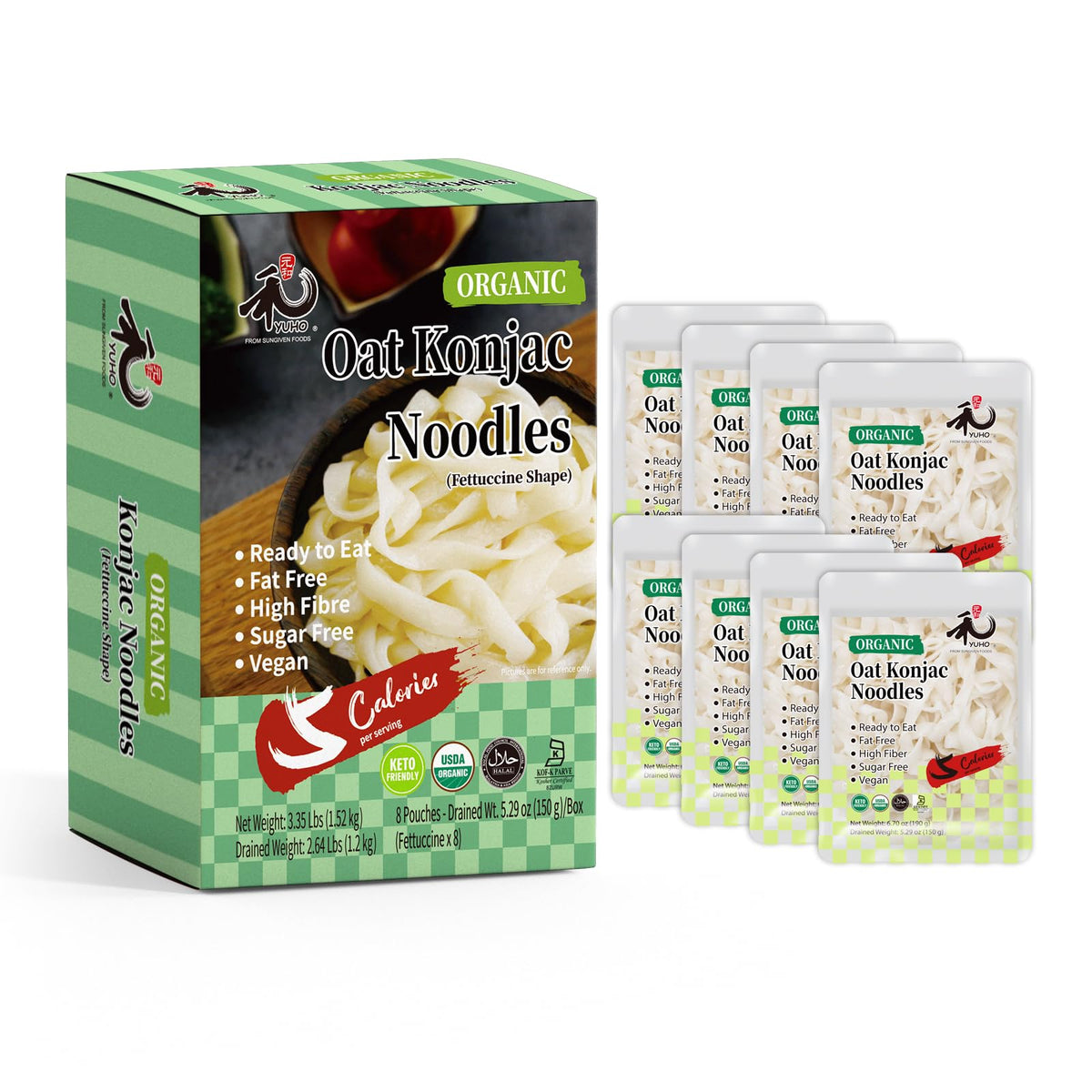 YUHO konjac fettuccine pack front view highlighting low-calorie, gluten-free noodles.