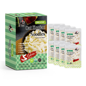 YUHO konjac fettuccine pack front view highlighting low-calorie, gluten-free noodles.