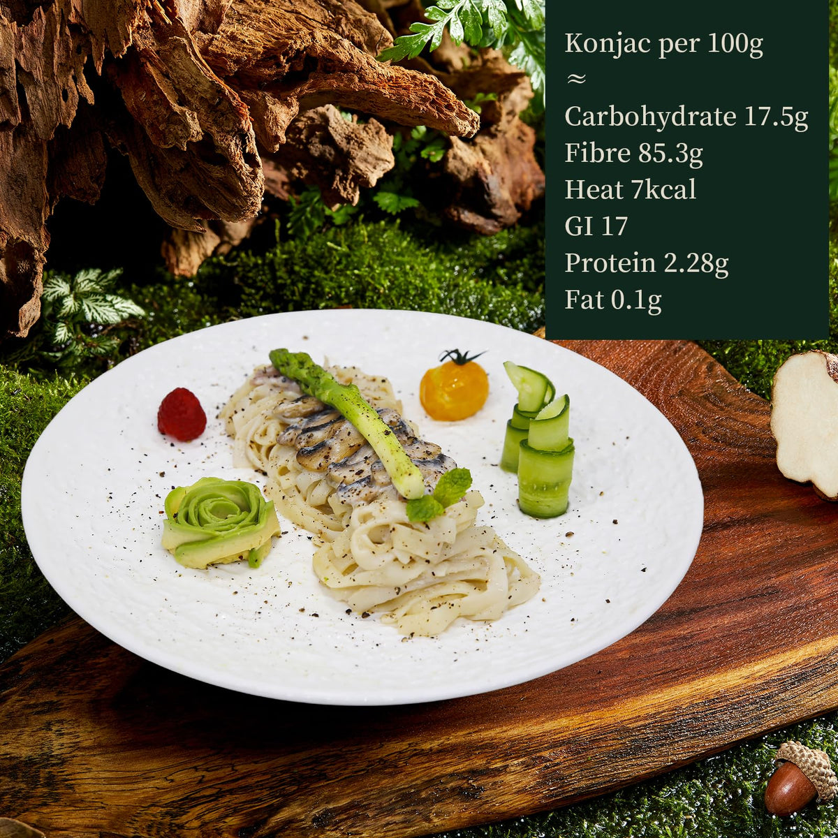 YUHO konjac fettuccine plated dish with sauce demonstrates versatile plant-based option.