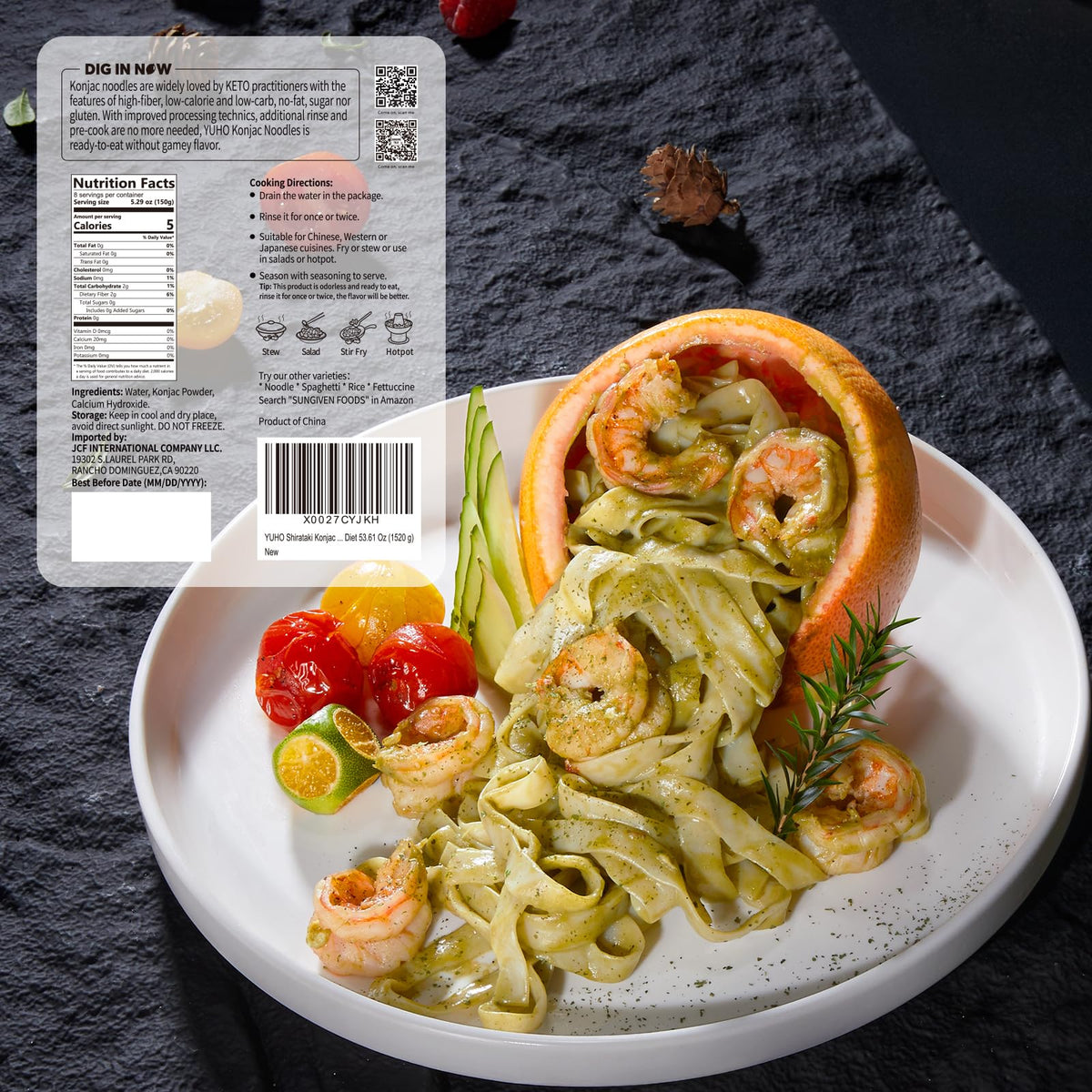 YUHO Konjac noodles with simple, gluten-free ingredients for vegan meals.