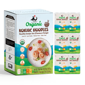 YUHO Konjac Noodles packaging highlights organic ingredients for quick, plant-based meals.