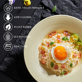 YUHO Shirataki Konjac noodles on pantry shelf emphasizes long shelf life.