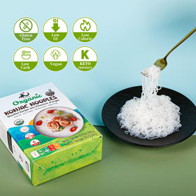 YUHO Konjac Noodles raw strands show slim noodles ideal for light sauces.