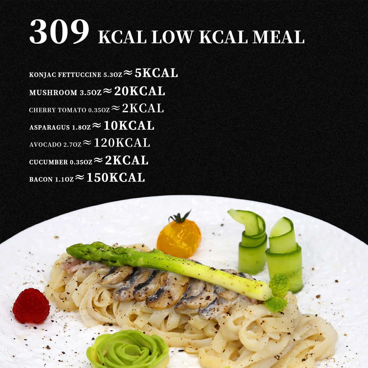 YUHO low-carb pasta close-up highlights near-zero net carbs.