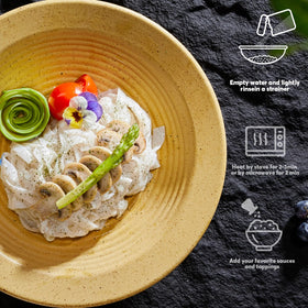 YUHO noodles ready in about 3 minutes, no boiling needed.