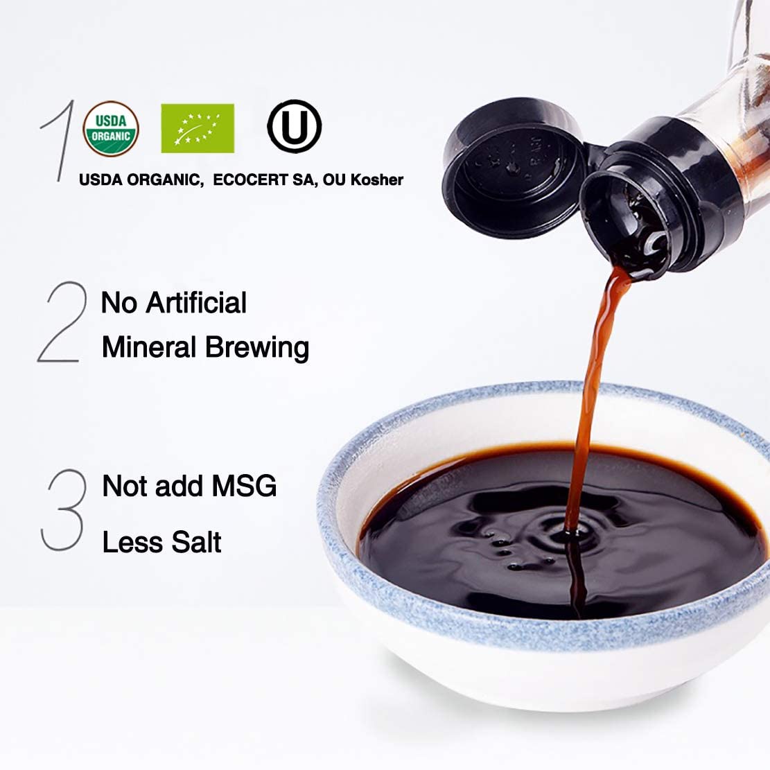 YUHO Organic Black Vinegar label highlighting organic certifications.