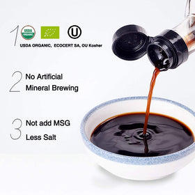 YUHO Organic Black Vinegar label highlighting organic certifications.
