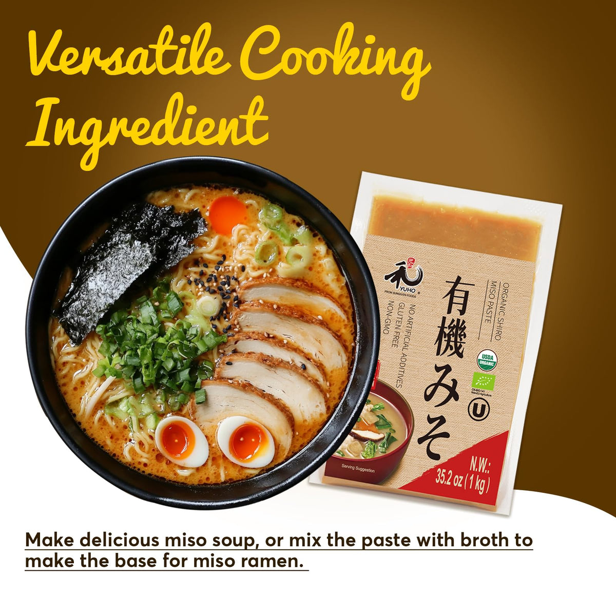 YUHO Organic Miso Paste ingredients highlight organic rice and soybeans for clean flavor.