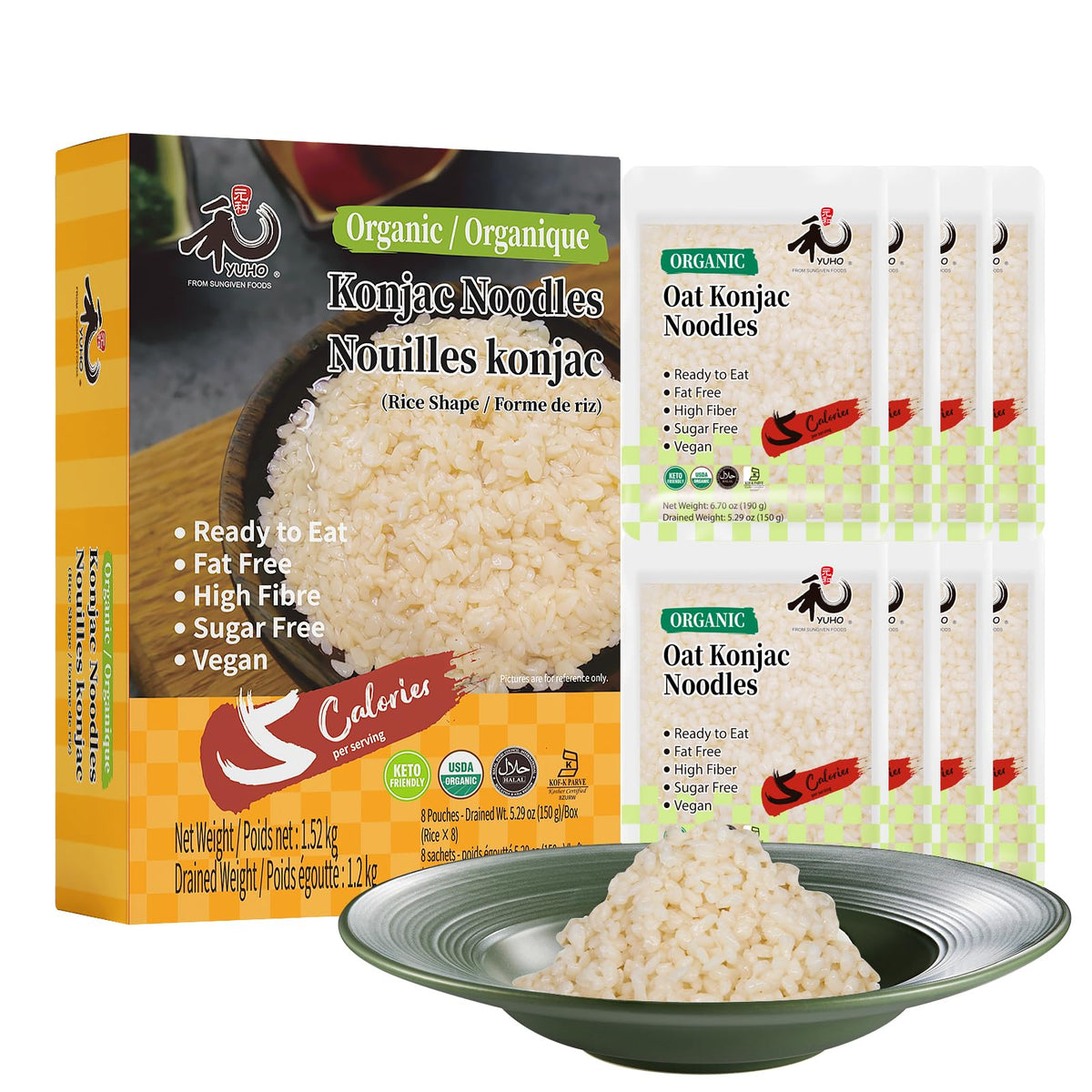 YUHO Organic Shirataki Rice 8-pack packshot, odor-free base for light, gluten-free meals.