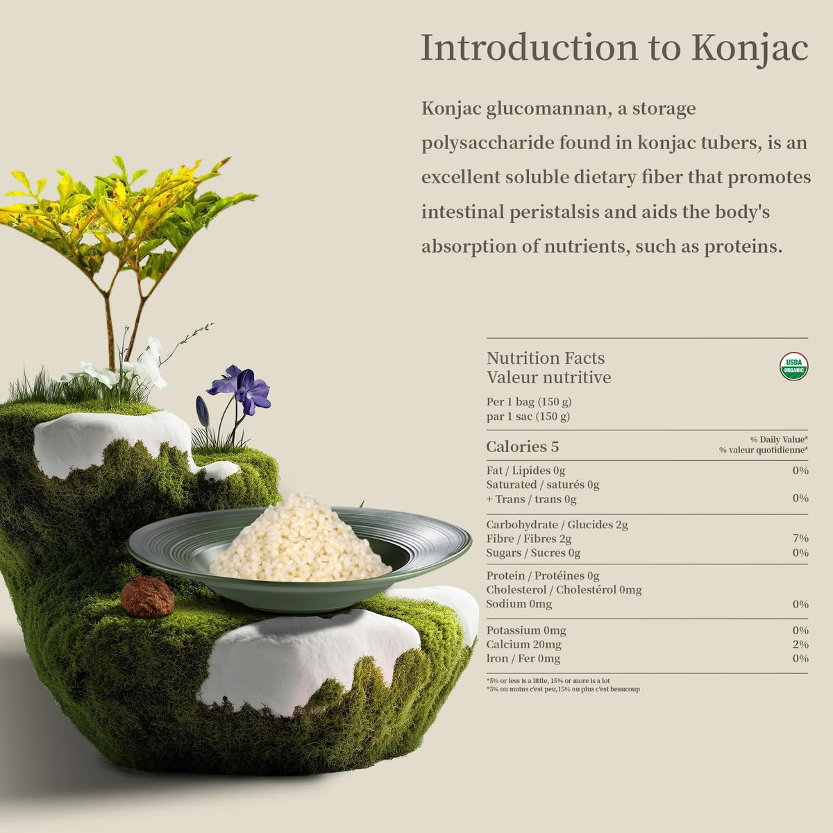YUHO Organic Shirataki Rice ingredients infused with oat fiber improve texture.