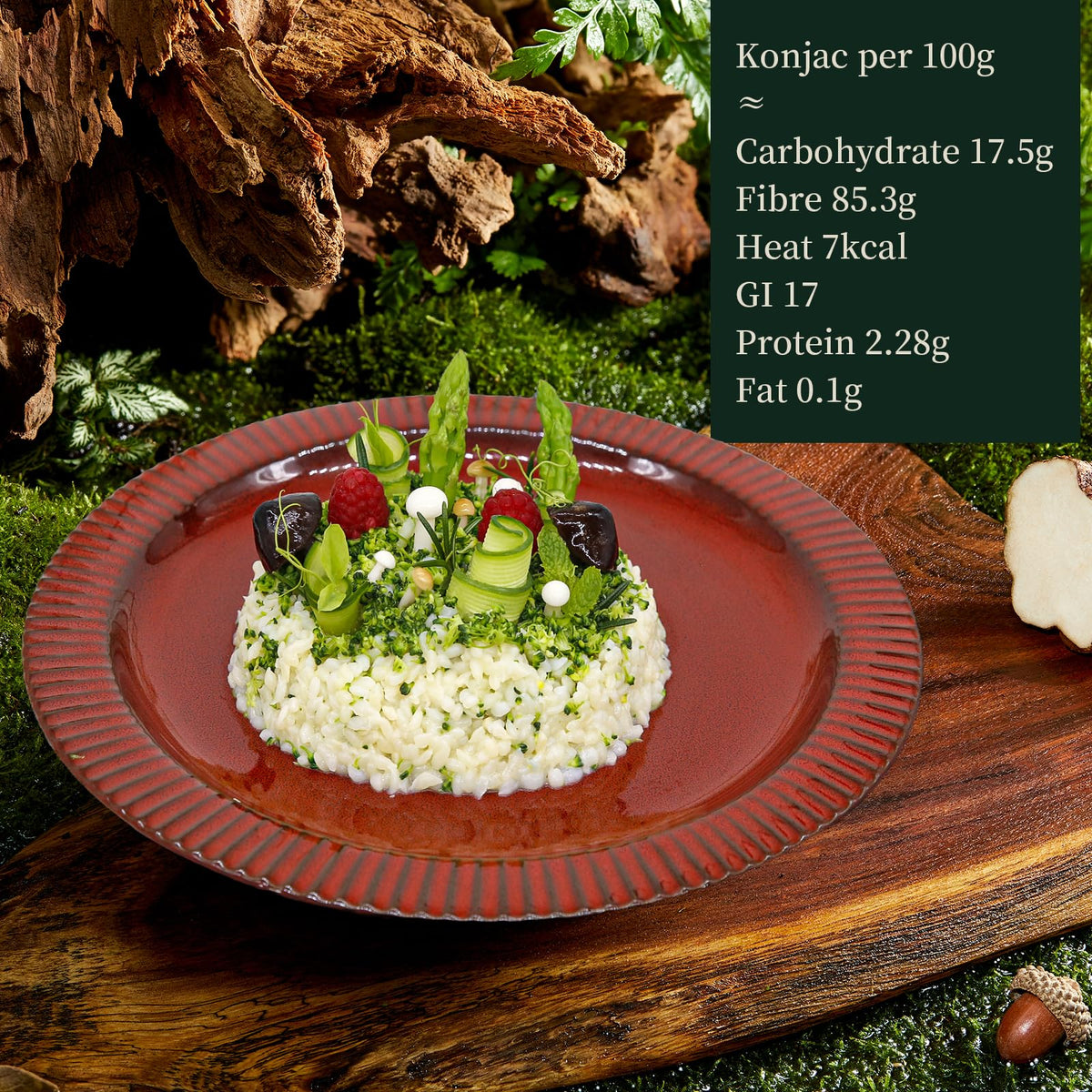 YUHO Organic Shirataki Rice serving bowl with toppings, versatile base.