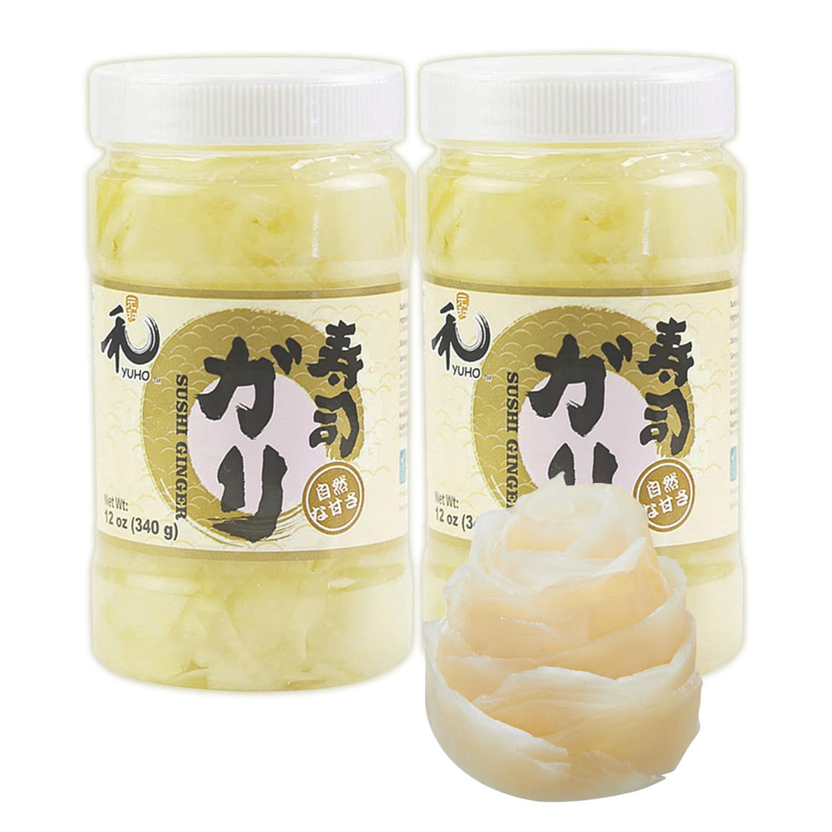 YUHO pickled sushi ginger jar close-up; crisp 0.2mm slices for palate cleansing