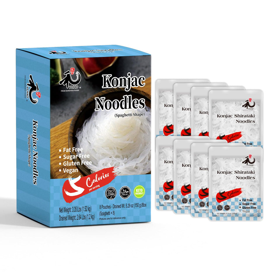 YUHO Shirataki Konjac noodles packaging shows an 8-pack inside for plant-based, ultra-low calorie meals.
