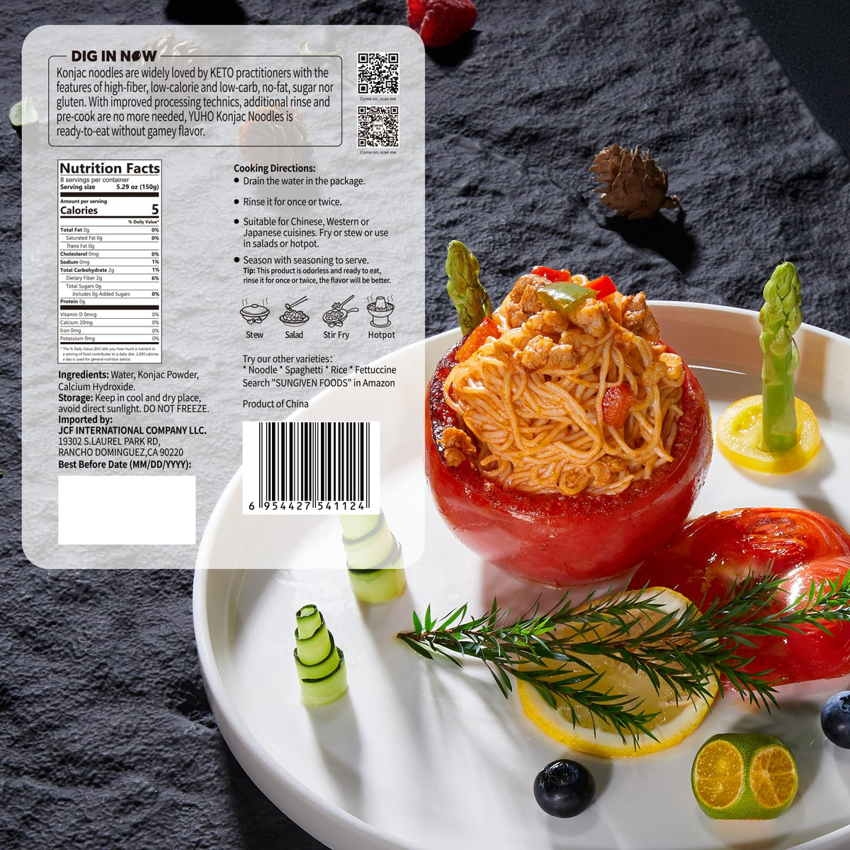 YUHO Shirataki angel hair bowl showing a low-calorie versatile pasta option