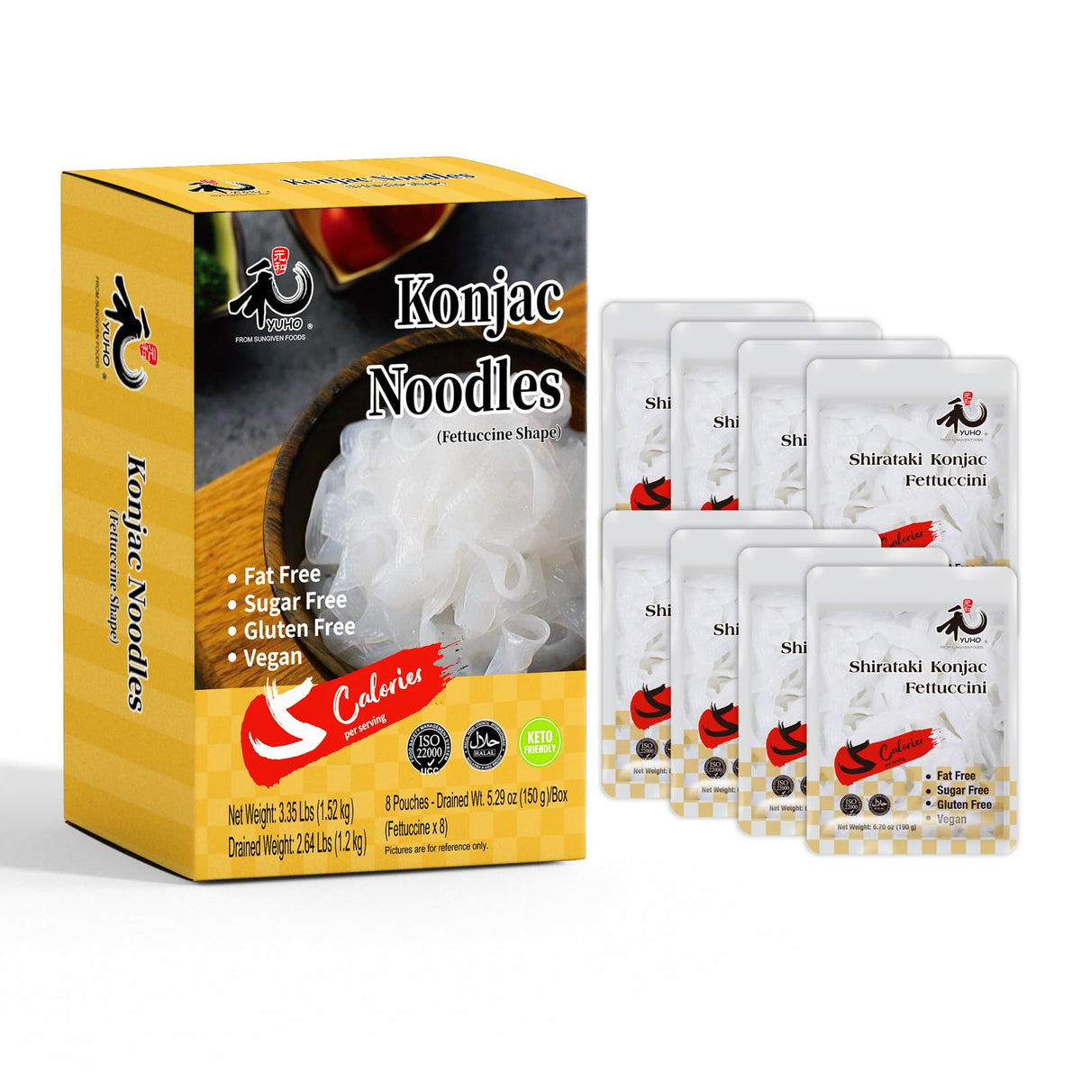 YUHO Shirataki Noodles pack shows eight bundles for quick, low-calorie dinners.