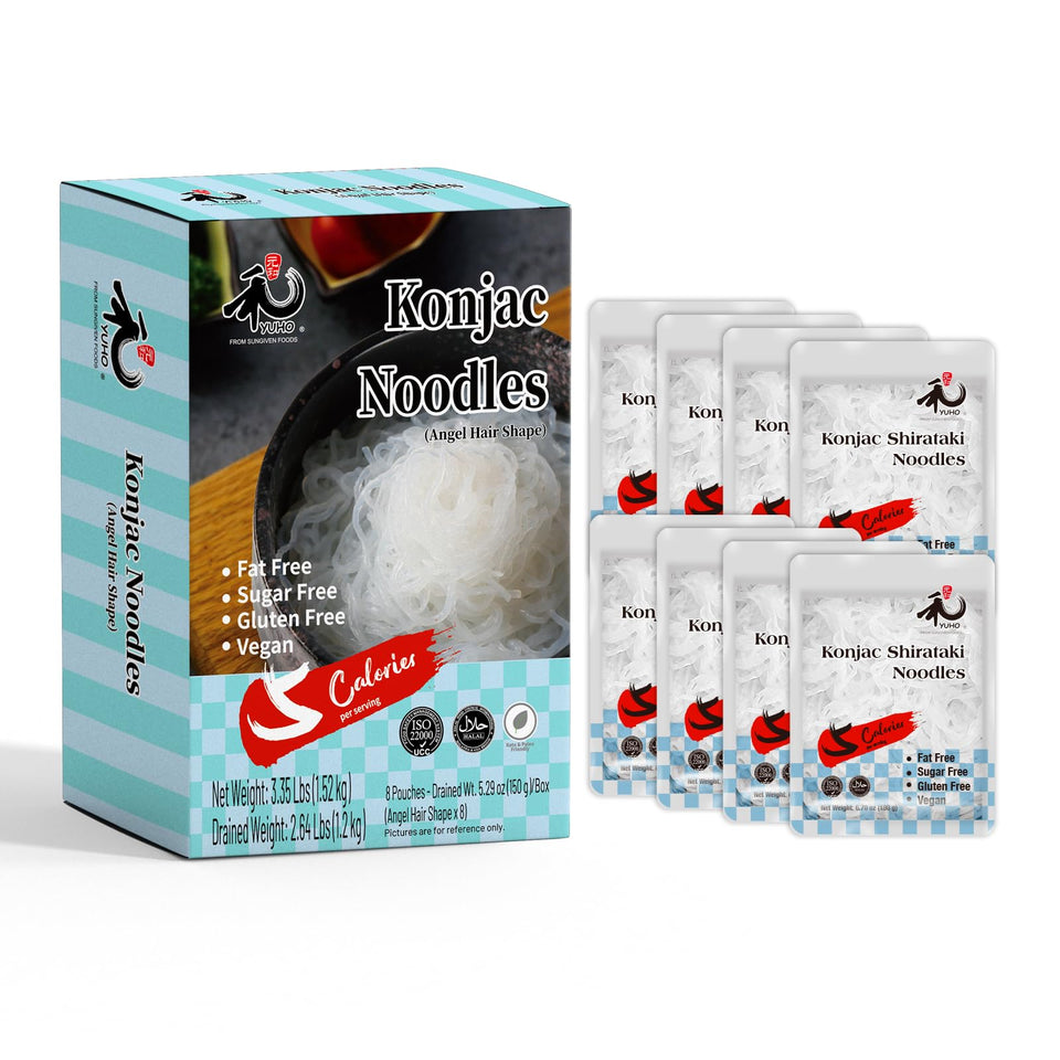YUHO Shirataki noodles package front, a light low-calorie pantry staple