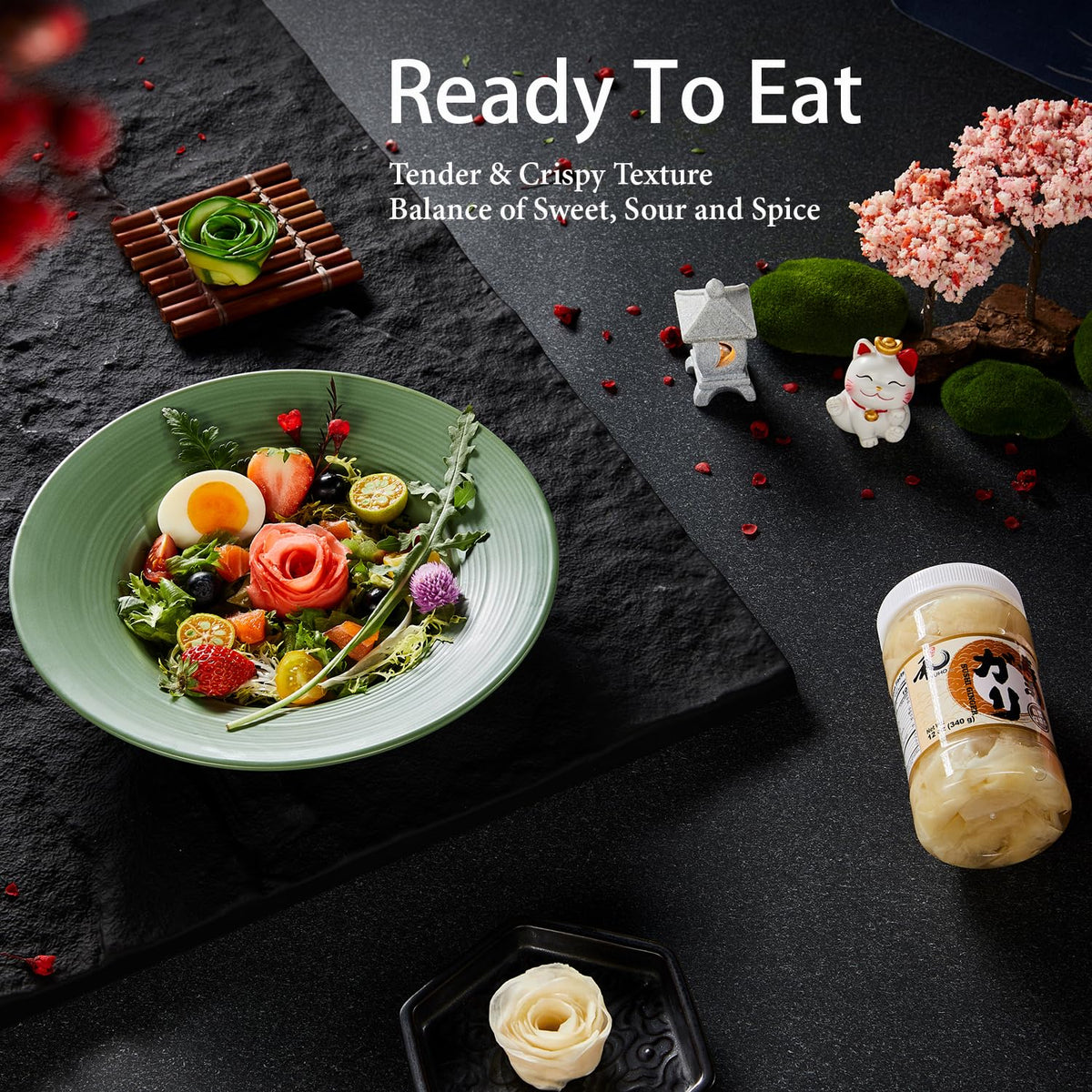 YUHO sushi ginger packaging label; clearly marked shelf life and ingredients