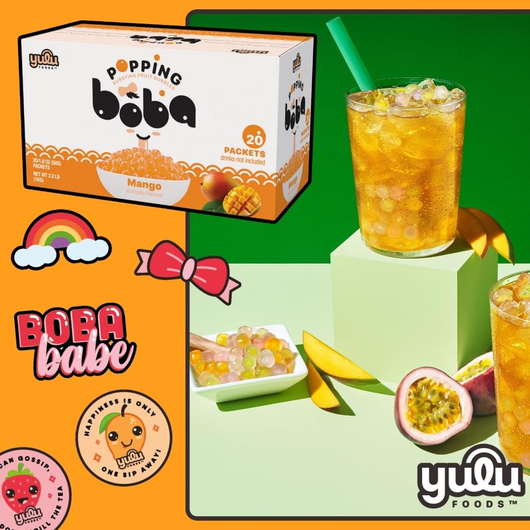 YULU FOODS mango popping boba close-up shows juicy flavor