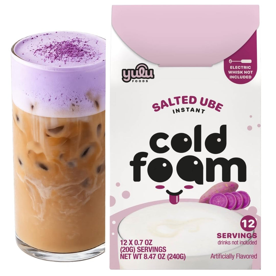 YULU FOODS Salted Ube Cold Foam Stick front view shows packaging and convenient, shelf-stable foam mix