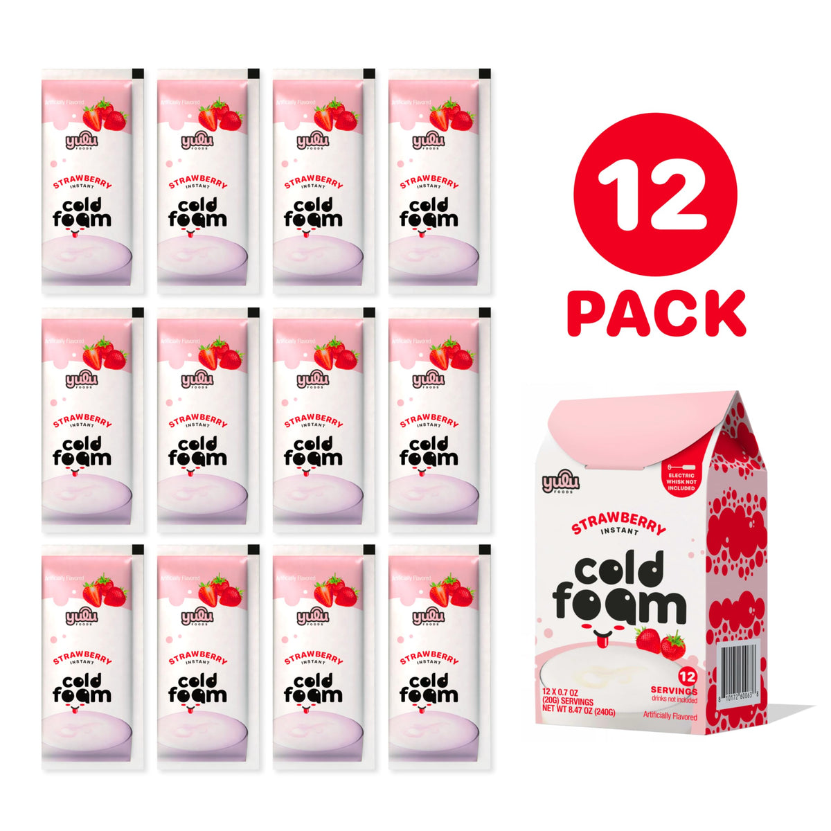 YULU FOODS Strawberry Instant Cold Foam Stick pouring into iced coffee to create café-style foam.