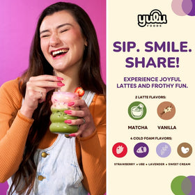 YULU FOODS Strawberry Instant Cold Foam Stick used as non-dairy foam topper.
