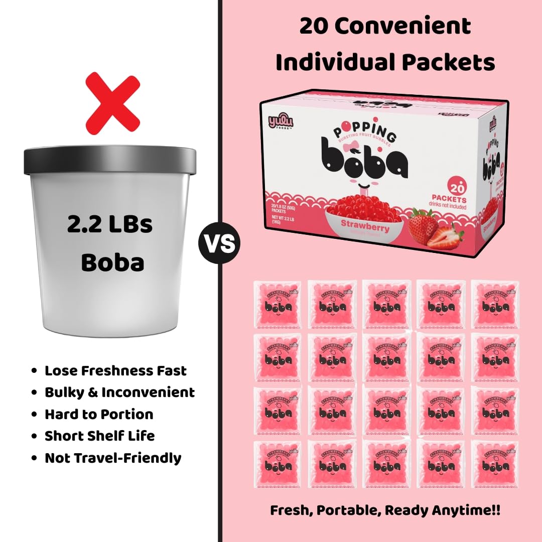 YULU FOODS strawberry popping boba pearls stirred into cold drinks tea