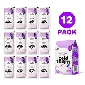 Pouring lavender instant cold foam stick into cup for quick dairy-free foam