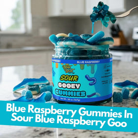 Yum Yum Delights blue raspberry liquid candy coating delivers a snackable gooey bite