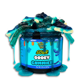 Yum Yum Delights Sour Blue Raspberry Gummies in bold blue color, ideal for movie nights