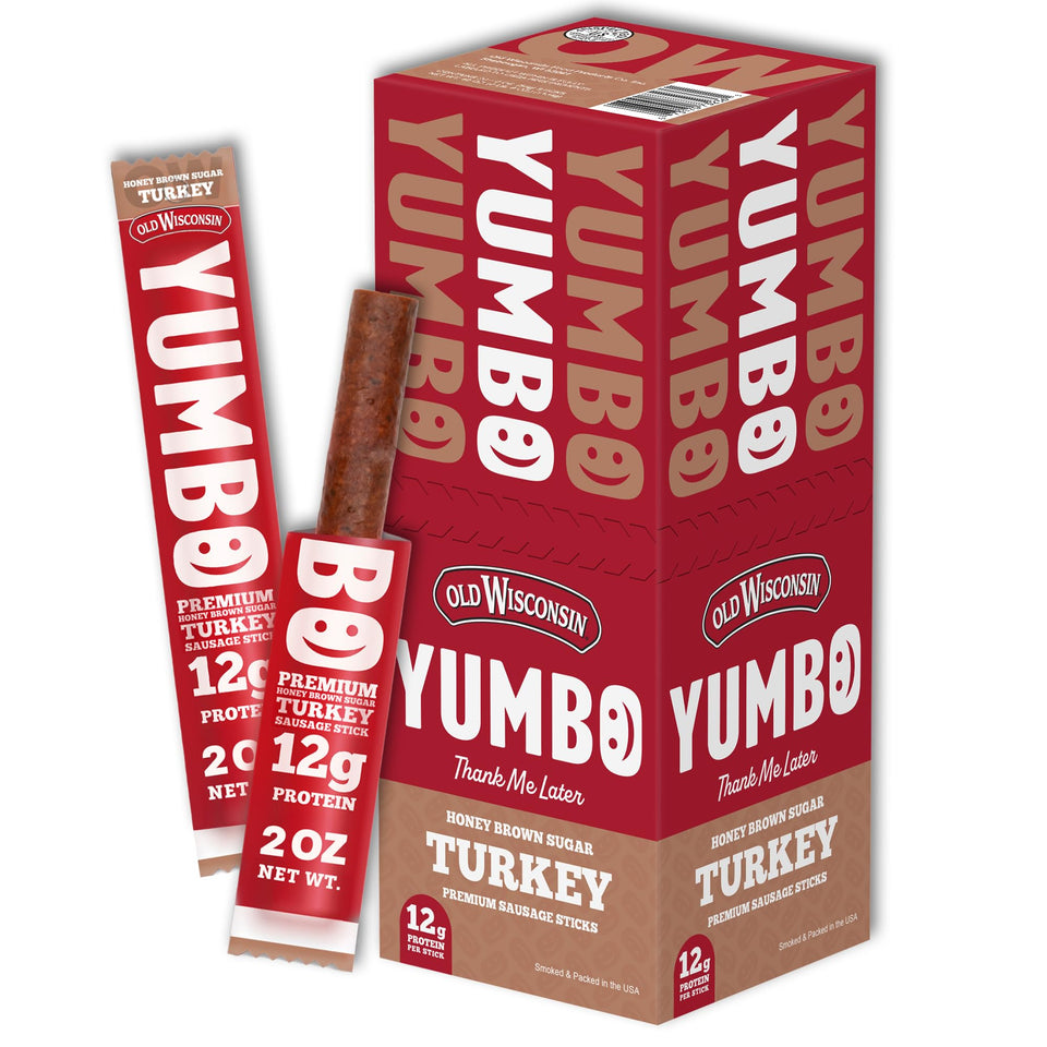 YUMBO Honey Brown Sugar Turkey Sticks pack shot highlights convenient, high-protein on-the-go snack