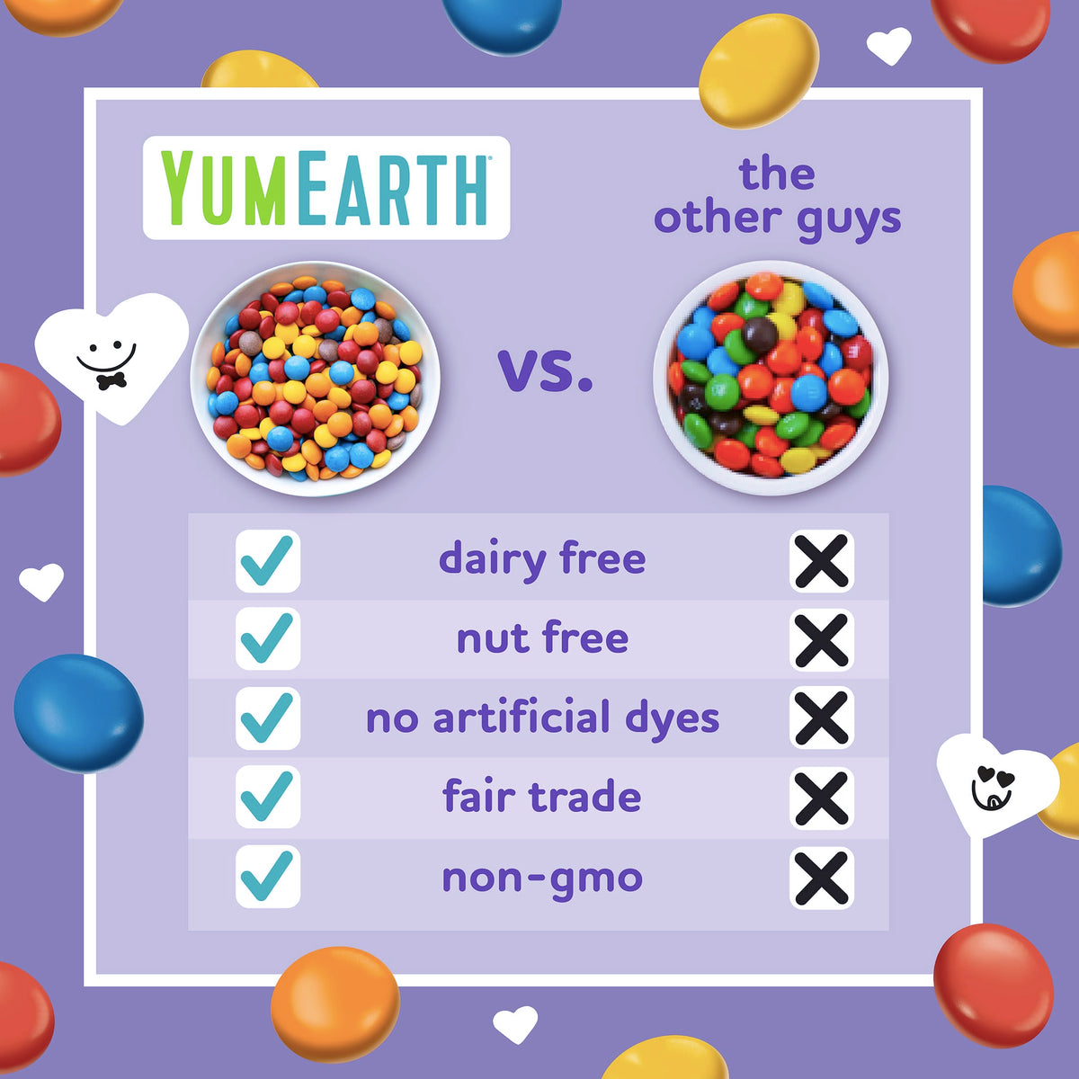Allergen-free YumEarth packaging with organic certification and dietary suitability.