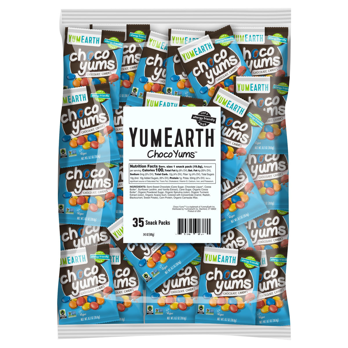 YumEarth Choco Yums packaging close-up for allergy-friendly snacking.