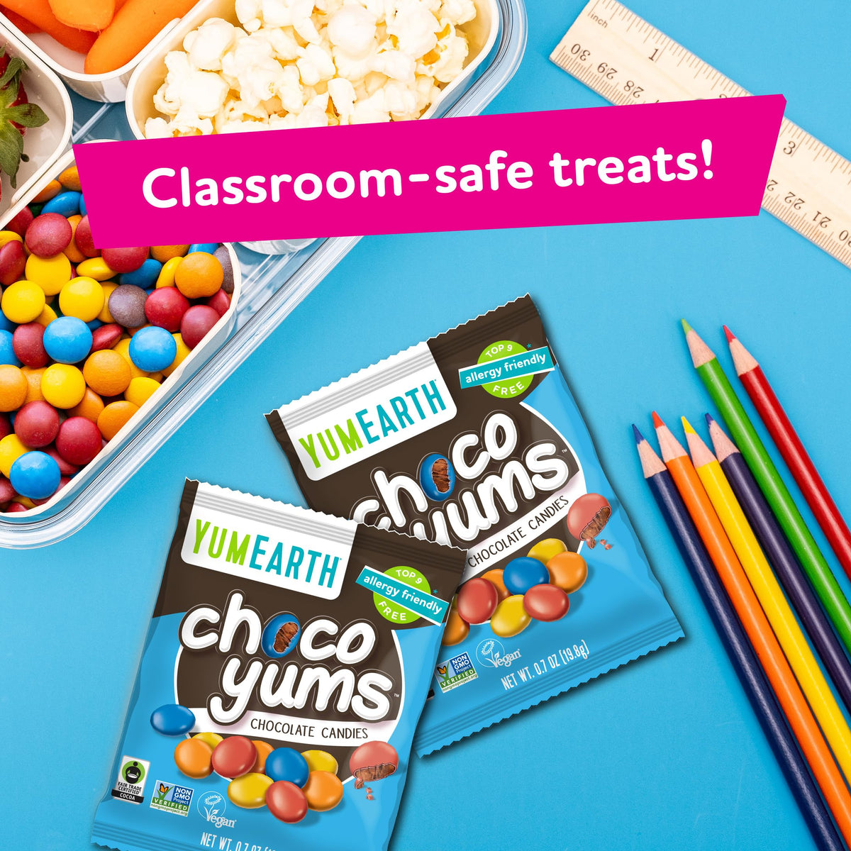 Vegan and dye-free YumEarth Choco Yums label.