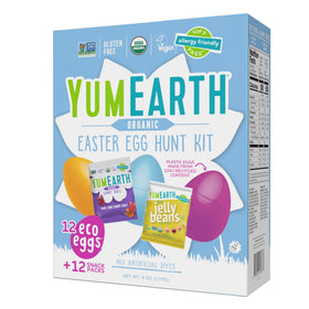 YumEarth Easter Egg Hunt Kit box shows 12 snack packs for Easter