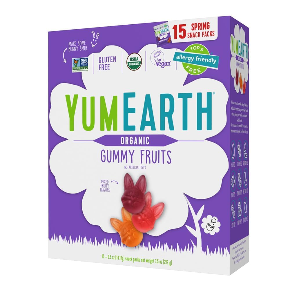 YumEarth Organic Easter gummy fruits box front, ideal for Easter baskets and gift sharing.