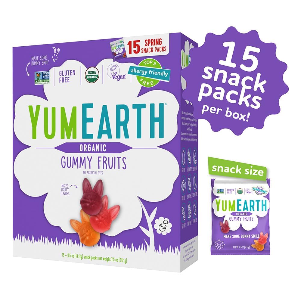 YumEarth Easter gummies flavor label showing peach, cherry, strawberry options.