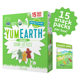 Three fruity flavors of YumEarth Sour Littles showcased for snack time