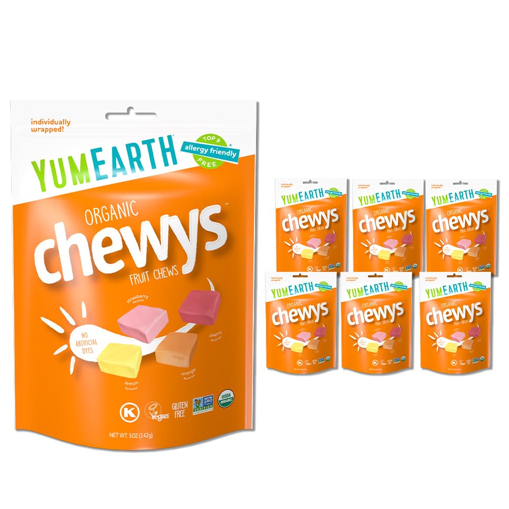YumEarth Fruit Chews pack-front packaging, ideal for school lunches and on-the-go snacks.