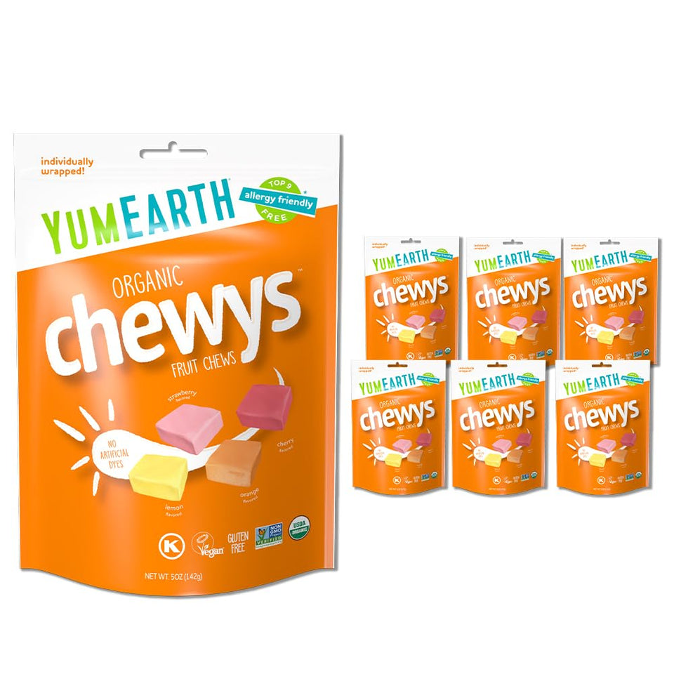 YumEarth Fruit Chews pack-front packaging, ideal for school lunches and on-the-go snacks.