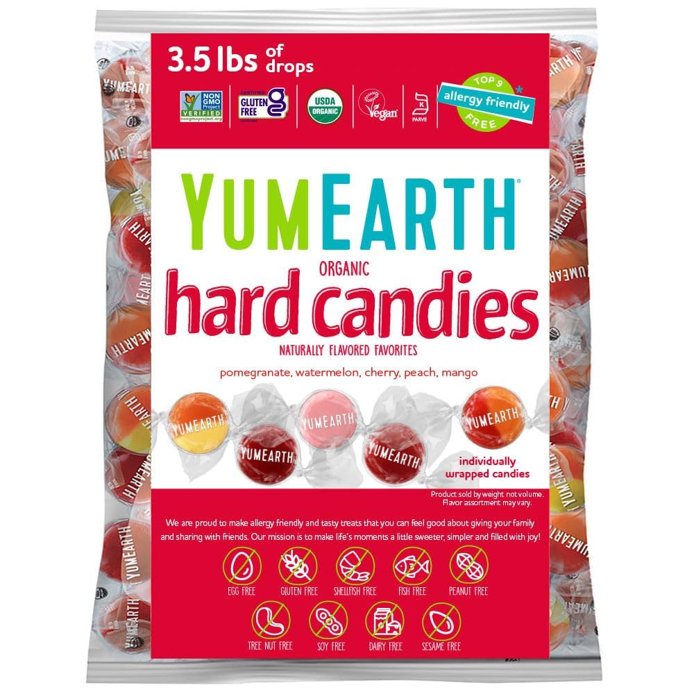 YumEarth Fruit Drops variety pack front, showcasing natural flavors for kids.