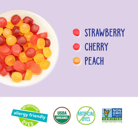 YumEarth color close-up highlights natural hues from real fruit and vegetable juices.