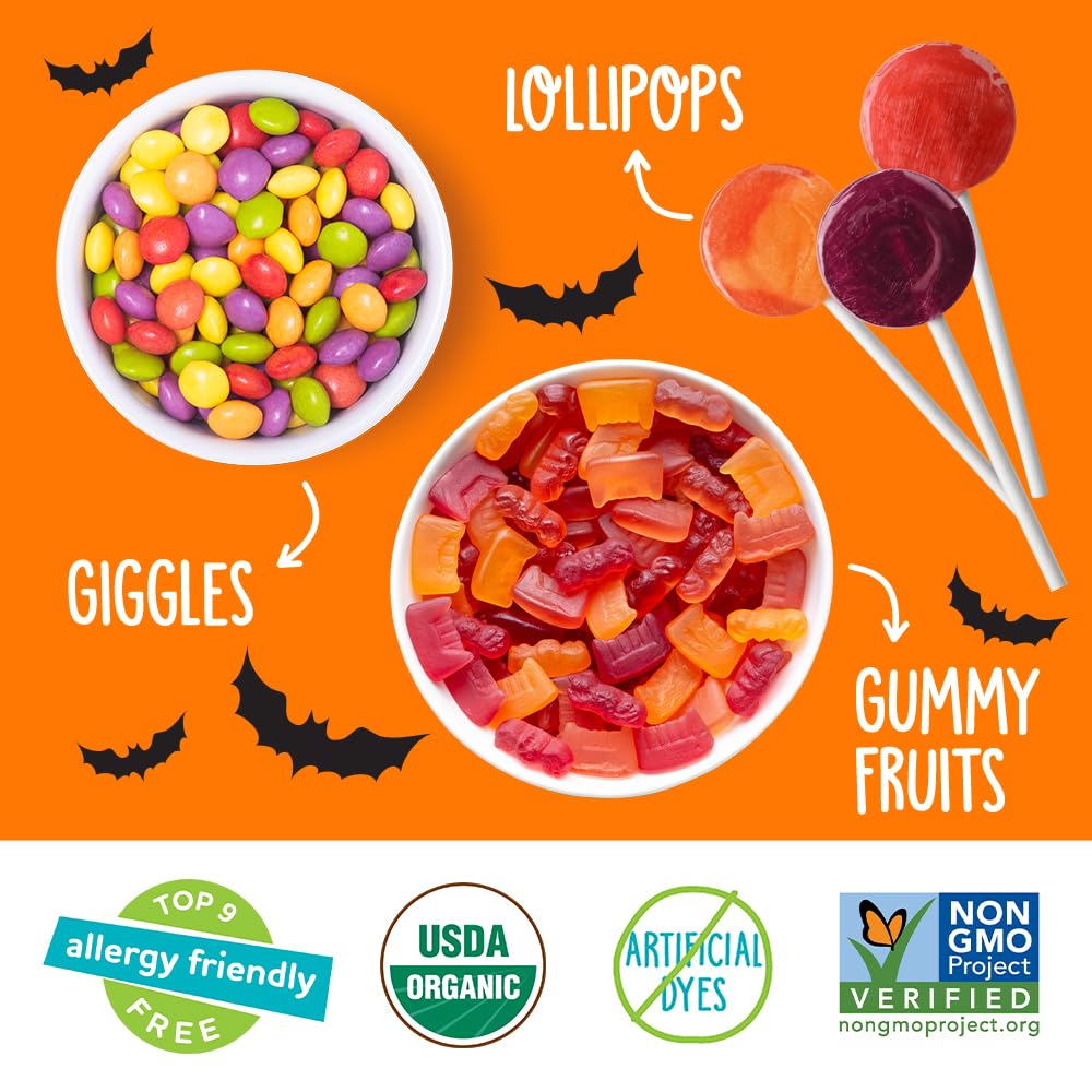 YumEarth gummy fruits in holiday flavors with real-juice color.