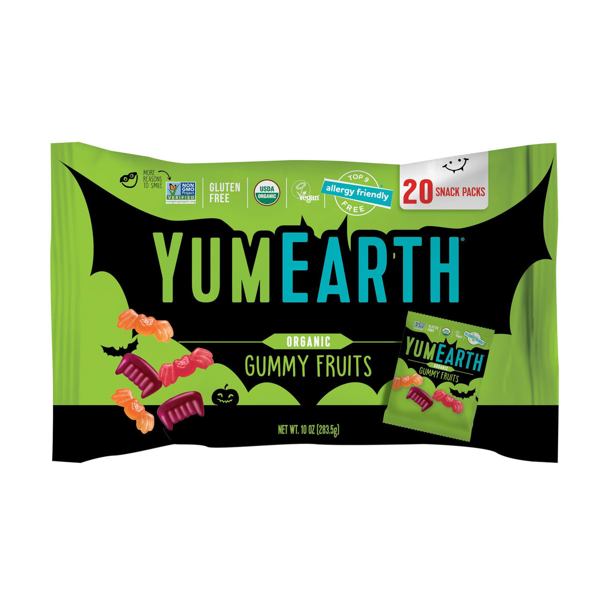 YumEarth Halloween Gummy Fruits front pack displaying colorful, allergen-free gummies.